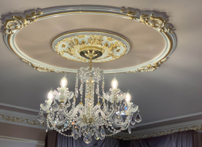 Crystal chandelier in luxurious bedroom, Los Angeles, USA